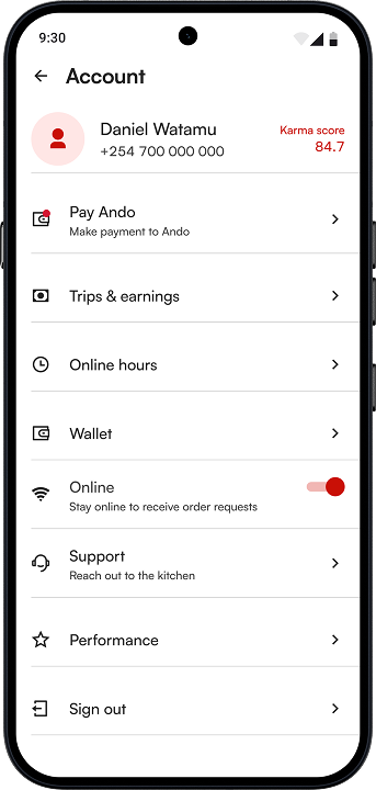 Account page screen